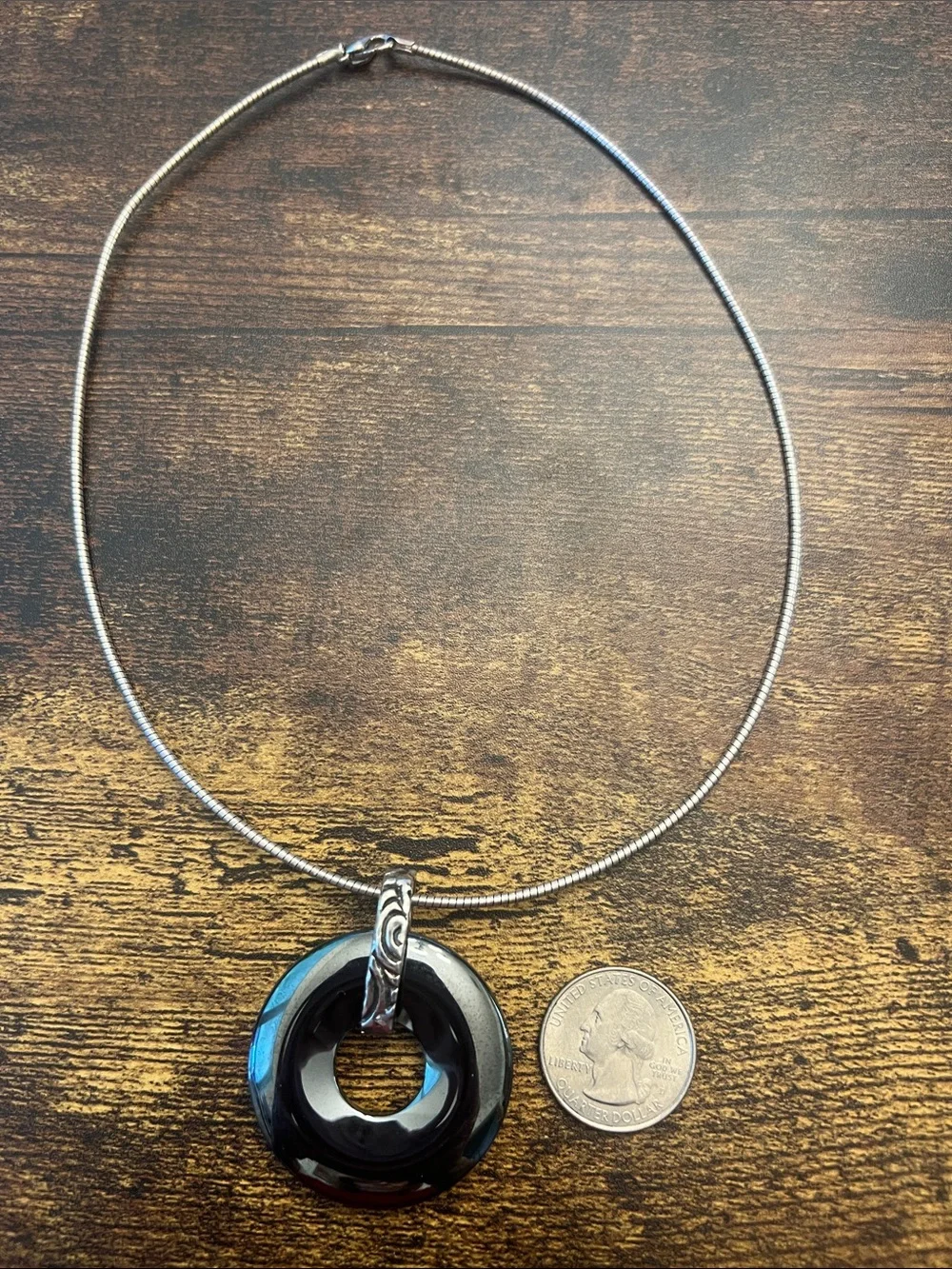 Black Hematite Donut Pendant Necklace in an Italian made 925 Omega chain